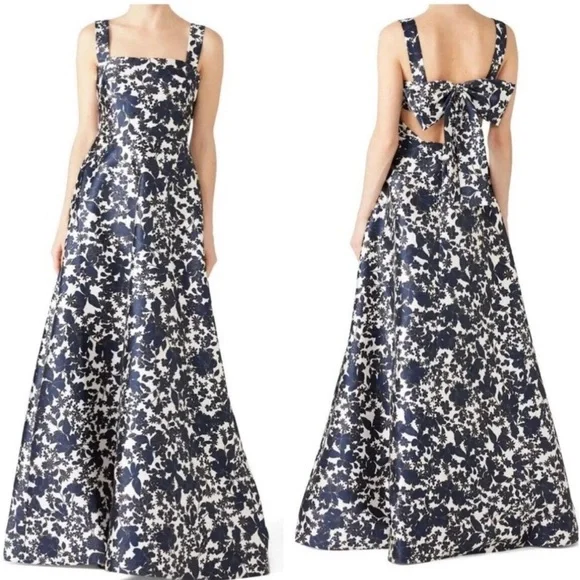 ML Monique Lhuillier Back Bow Gown Navy White Womens Size 22 W - Picture 1 of 15